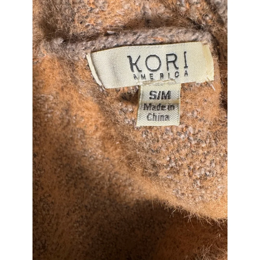 Kori America S/M Tan Brown Orange Pink Diamond Pattern Open Front Cardigan Women